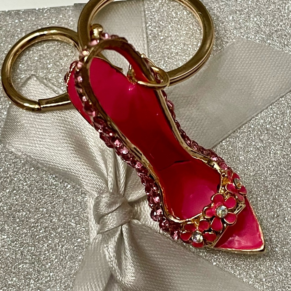 NWT RED/PINK ENAMEL RHINESTONE CRYSTAL HIGH HEELED SANDAL BAG CHARM KEY CHARM